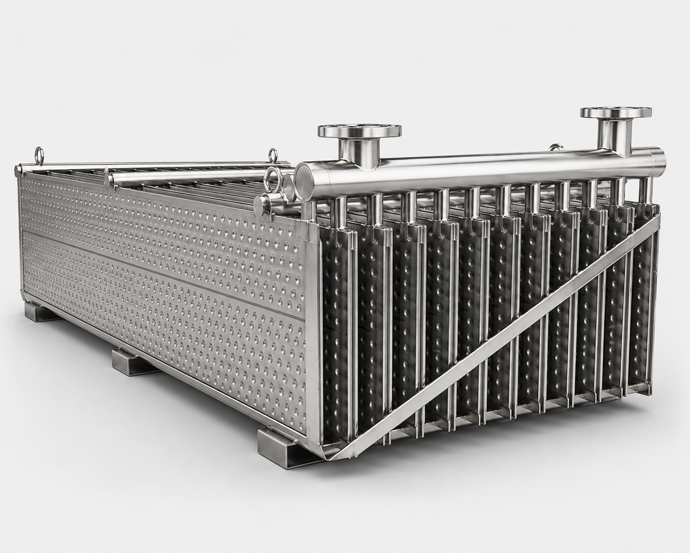 Bank of removable Temp-Plate panels arranged for product hydrocooling